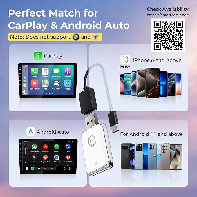 Wireless Carplay Adapter for iPhone, Convert Wired Car Play to Wireless, 2 in 1 Plug and Play Mini CarPlay and Android Auto Adapter for iOS 10 Android 11 and Above, Cars with Built-in Carplay (White)