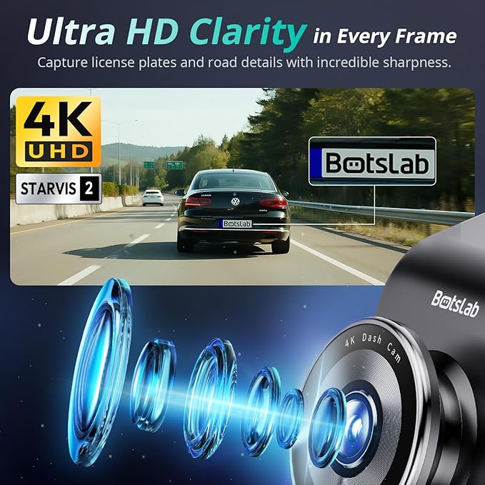 BOTSLAB 4K Dash Cam Front, STARVIS 2 Sensor, Voice Control, 64GB Card Included, 5GHz WiFi, Built in GPS, WDR Night Vision, 170°Wide Angle, 24H Parking Mode (Back Camera Not Included)