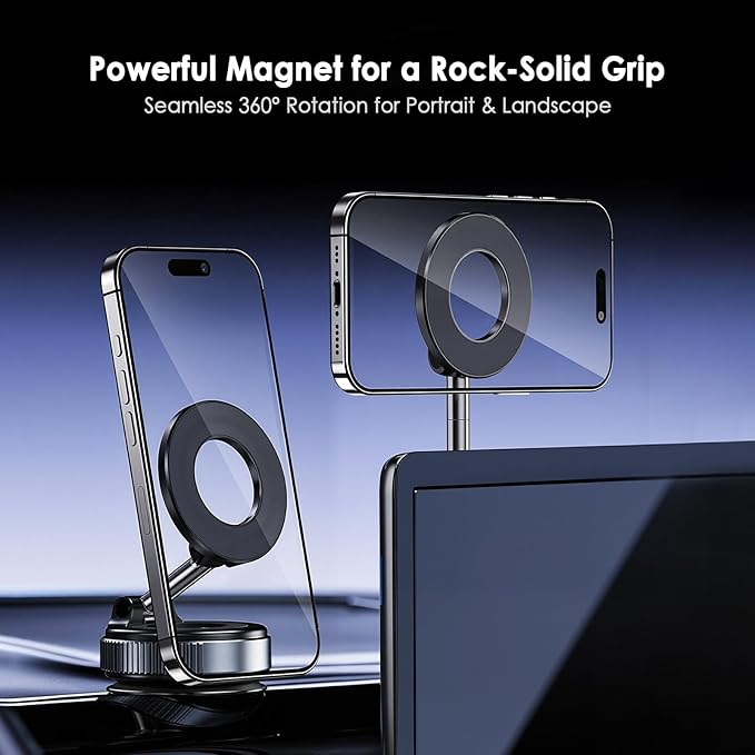 TENOC Magnetic Suction Car Phone Mount, 360° Rotation Phone Holder Mount, Foldable Cellphone Holders for Car/Gym/Shower/Mirror, Black