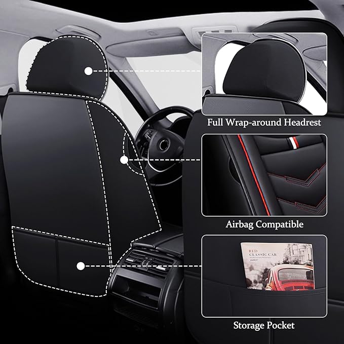 Car Seat Cover 7 Seats for Ford Explorer 2000-2025, Waterproof Durable Compatible Airbag, Premium Leather Seat Protector(7 Seats Standard,Black Red)