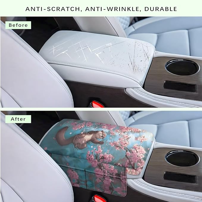 Car Center Console Cover Memory Foam Car Armrest Cushion, Cherry Blossoms Otter Print Middle Console Covers Armrest Pad & Center Console Protector for Truck Auto SUV