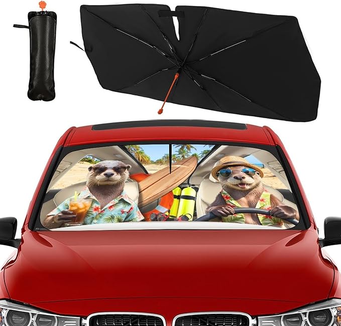 Socira Funny Sea Otters Car Windshield Sunshade Umbrella Foldable Visor Umbrella Sun Shade Cover Sunshade Front Window Cover Car Accessories Blocks Uv Rays (57" X 30")