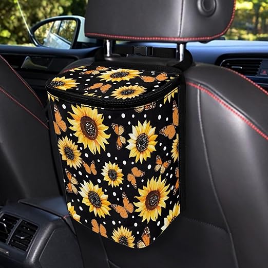 BIGCARJOB Sunflower Car Trash Bin Car Trash Can Bags Butterflies Print Hanging Accessories Trash Can Storage Bag for Women Girly Cute Car Trash Can with Lid Collapsible