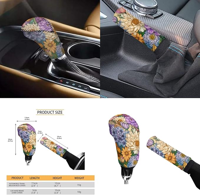 Yellow Chrysanthemum Print Car Steering Wheel Cover Sets Cup Holder Handbrake Gear Cover Armrest Cover Car Interior Accessories -6pcs