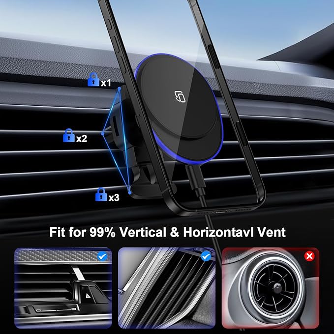 15W Magnetic Wireless Car Charger, MagSafe Car Mount Charger Fast Air Vent Car Phone Holder Charger for Samsung Galaxy S26 Ultra S26 S25 FE S25 Ultra S24 iPhone 17e 17 Pro Max 17 16e 16 Pro 15 Pro Max
