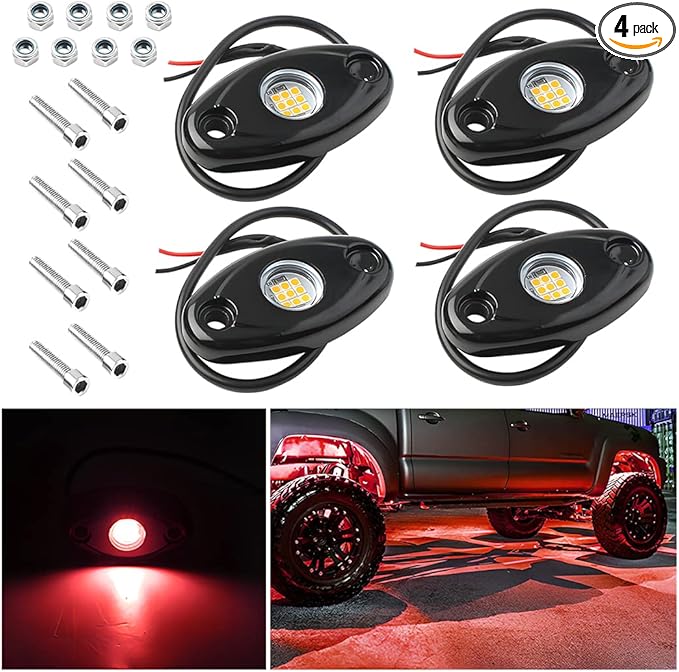 Rock Lights for Trucks, 4 Pods LED Rock Lights, IP67 Waterproof Neon Rock Lights Kits for Pickup ATV Off Road SUV, High Brightness Multifunction Underglow Lighting Glow Trail Rig Lamp (Red)