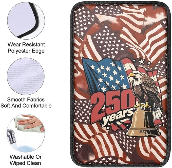 Dreaweet 250th Anniversary Car Center Console Cover Universal Fit Bald Eagle Liberty Bell Print Center Console Armrest Cover Scratch & Wear Resistant Arm Rest Cover for Car Truck SUV Sedan