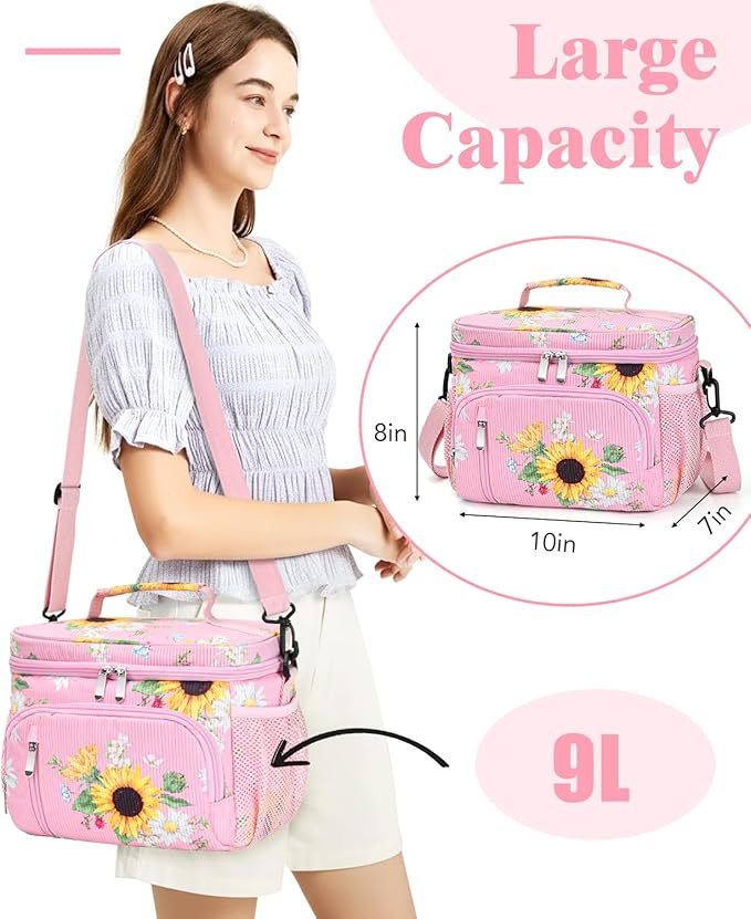 Insulated Lunch Bag for Men & Women, 9L Leakproof Lunch Box Soft Cooler Tote with 5 Pockets, 600D Oxford, EVA Lining, Adjustable Strap for Work, Picnic, Beach&Travel-Corduroy Sunflower Daisy