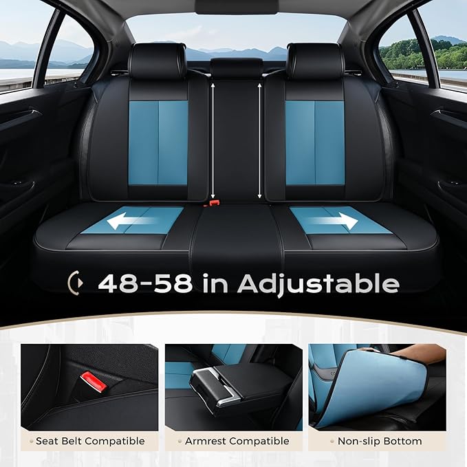 Coverado Seat Covers Full Set, 5 Seats Seat Covers for Cars, Waterproof Nappa Leather Car Seat Covers with Head Pillow, Seat Protectors Car Seat Cushion Universal Fit for Most Cars (Black&Blue)