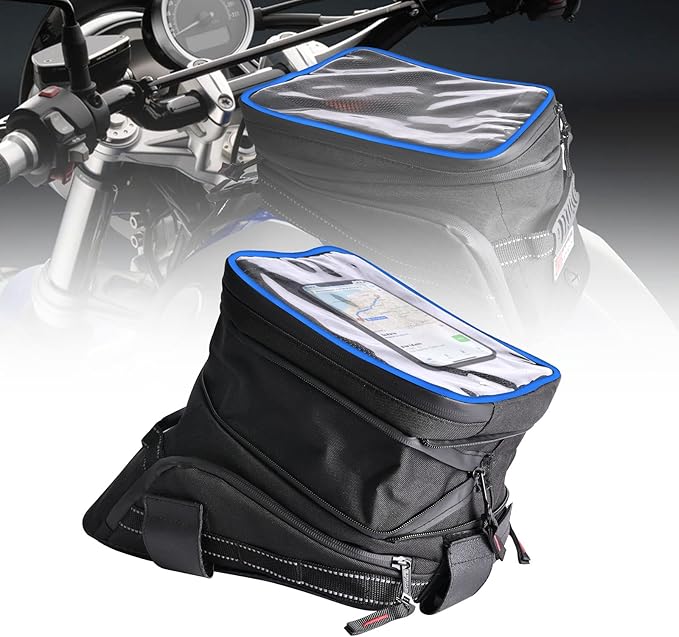 Motorcycle Tank Bag w/Strap Storage Bag Compatible with Honda Yamaha Suzuki Kawasaki Harley Water Resistant (Blue Piping)