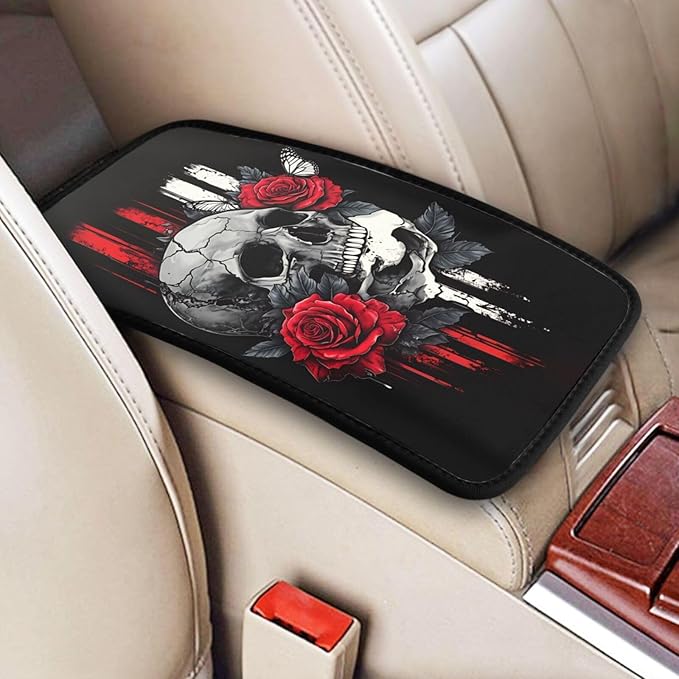 Universal Car Center Console Cushion Pad, Red Flower Skull Soft Waterproof Car Center Console Cover Auto Armrest Seat Box Cover Protector for Most Vehicle SUV Truck Car