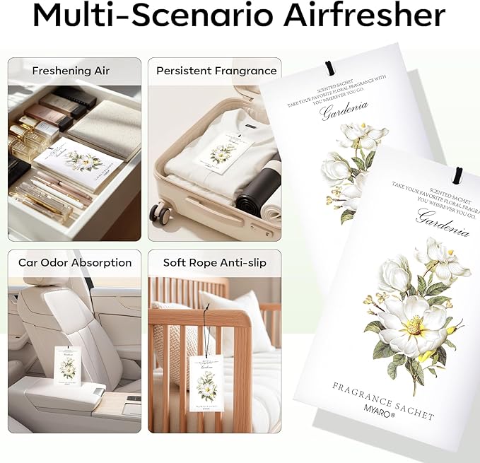 MYARO Scented Sachet House Air Freshener - 12 Pack Long Lasting Gardenia Fragrance Deodorizer for Home Closet Drawer Car