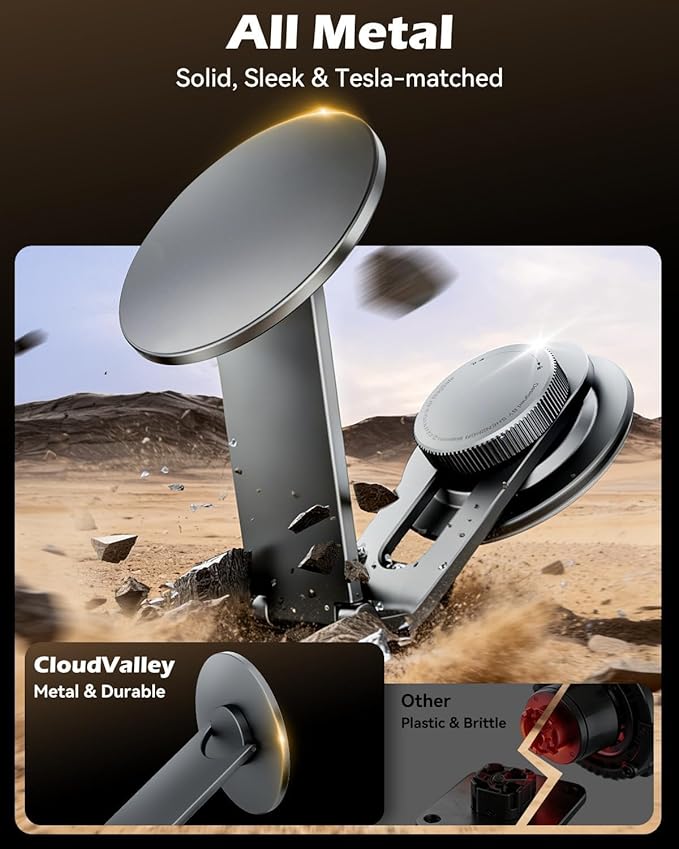 CloudValley Tesla Model 3/Y Phone Mount, Magnetic Car Metal Holder with Strong Magnet Power,【Foldable & Extendable Hidden Design】Tesla Screen Stand for 3/Y/S/X/Cybertruck, Designed for MagSafe iPhone