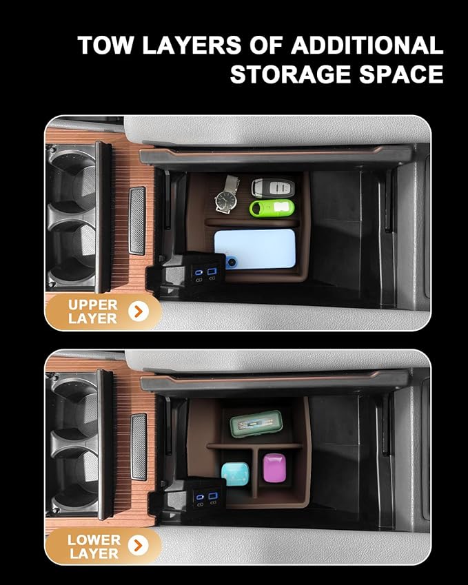 ECOZEN 2026 Toyota Sienna Center Console Organizer - Double-Layer Silicone Center Console Armrest Box Organizer For 2021-2026 Sienna(XLE/XSE/Limited/Platinum/Woodland Edition) Accessories(Brown)