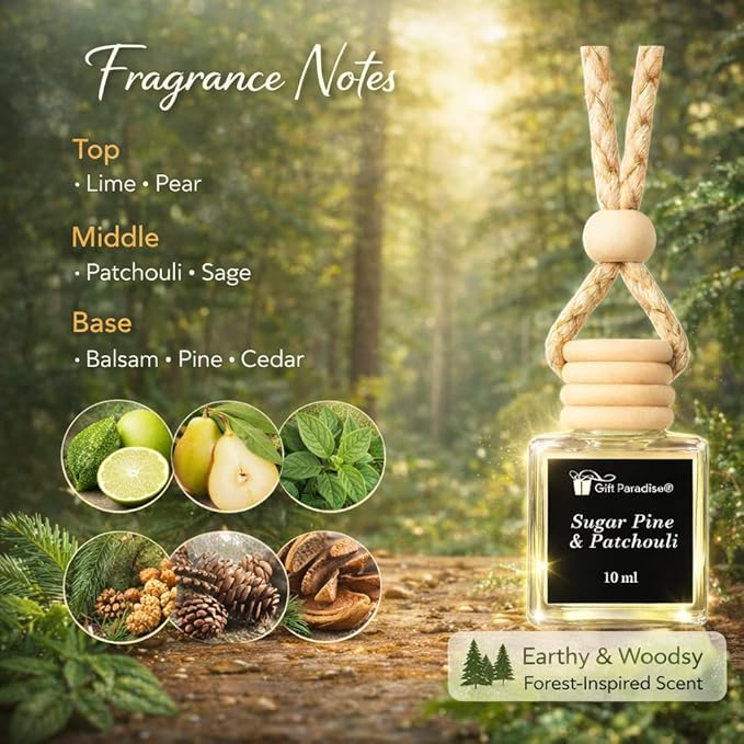 Sugar Pine & Patchouli Car Air Freshener Set of 3 (10 ml Each), Hanging Diffuser Bottles with Wooden Cap, Woodsy Earthy Fragrance for Car, Home & Office, Magnetic Gift Box