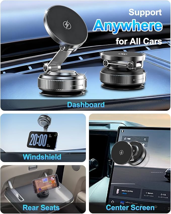 Suction Cup Phone Mount Pro - Vacuum Magnetic Phone Holder for Car, 180° Adjustable Angle, Non-Slip Dashboard/Windshield Car Phone Holder, Bonus Toroidal Metal.