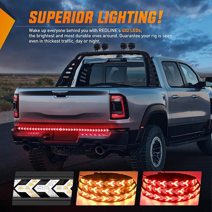 Nilight Truck Tailgate Light Strip 48Inch Arrow 432 LED with Red Running Brake Lights Amber Turn Signals Strobe Lights