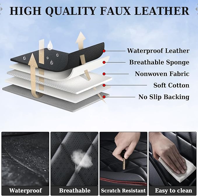 Coverado Seat Covers, Car Seat Cover Front Seats, 2-Pack Luxury Faux Leather Car Seat Covers, Waterproof Car Seat Protector, Black Seat Cover Front Seat Cover Universal Fit for Most Cars, Black&Red