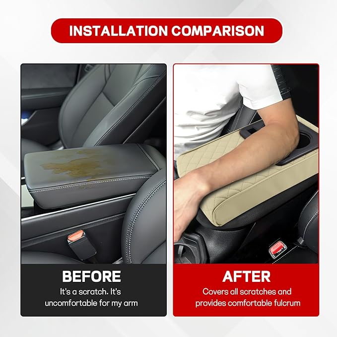Car Center Console Armrest Pillow, 13.19"×7.87" Leather Car Arm Rest Cover, Memory Foam Auto Armrest Cushion with Cup Holder Phone Slot, Universal Vehicle Middle Console Cushion Pad (Beige)