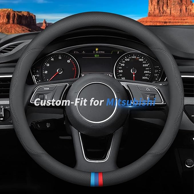 Custom-Fit for Mitsubishi Steering Wheel Cover, Premium Leather Car Steering Wheel Cover with Logo, Non-Slip, Breathable, for Mitsubishi Accessories (D-Style,for Mitsubishi)