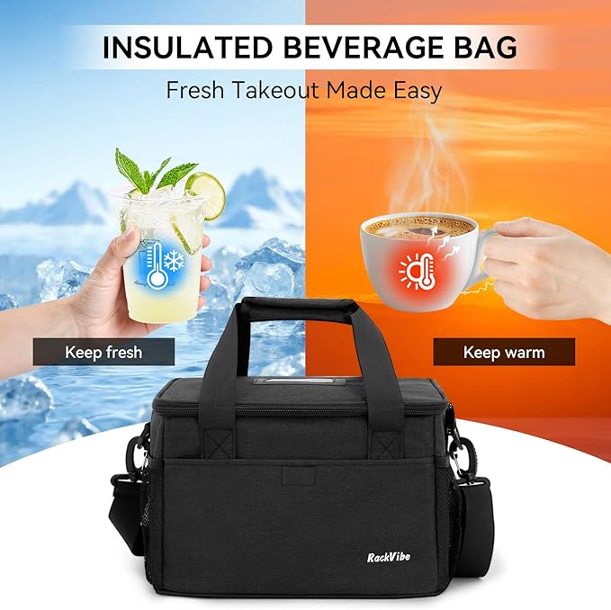 6 Cups Drink Carrier for Delivery, Reusable Cup Holder with Handle, Insulated Collapsible Drink Carrier, Adjustable Dividers, Shoulder Strap, Portable Cooler Tote Bag for Delivery, Travel, Car (Black)