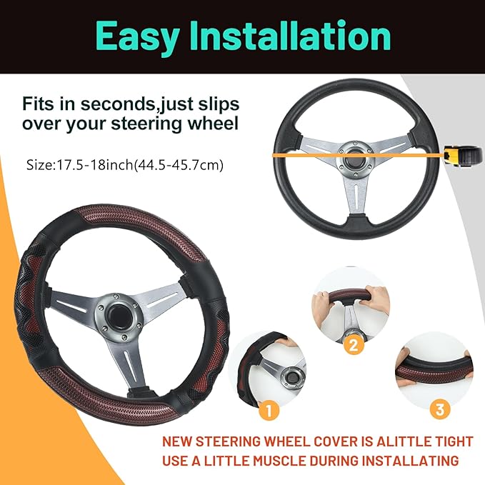 18 Inch Truck Steering Wheel Cover Leather Wheel Semi-Truck Comfy Grip Cover Anti Slip Car Accessory, Fits Rv, Big Rig and Classic Car(Red, Classic Style)