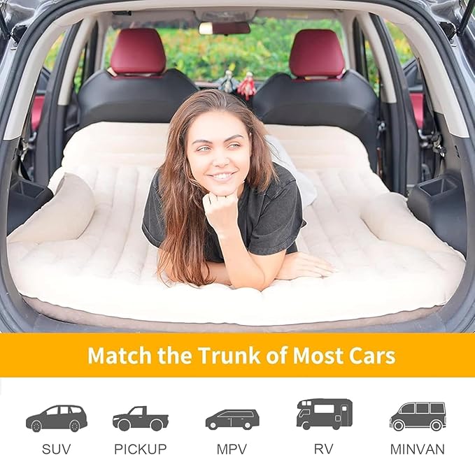 KMZ SUV Air Mattress Thickened and Double-Sided Flocking Travel Camping Bed with 2 Pillows & Pump Dedicated Mobile Cushion Inflatable Bed for SUV Trunk and Rear Seat (Beige and Coffee)