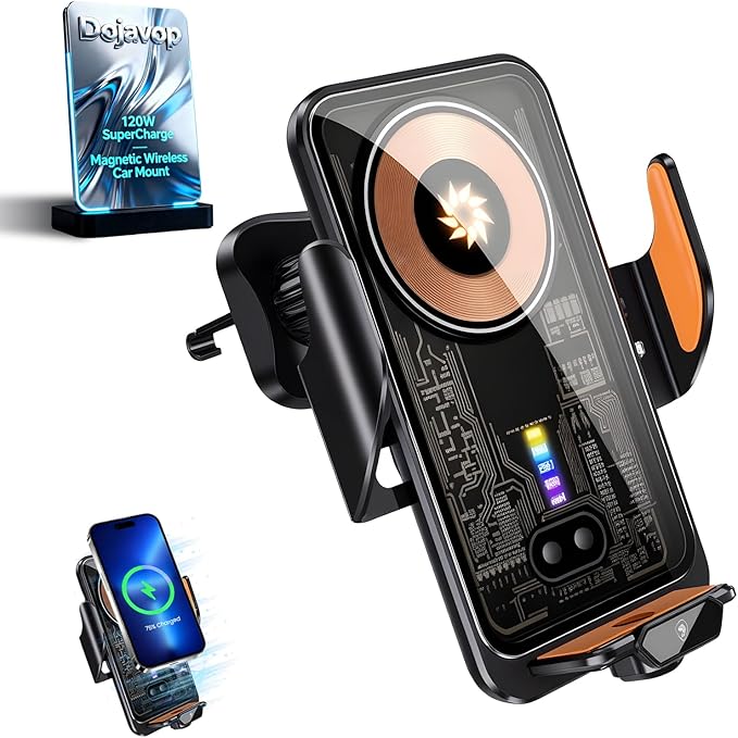 Fast Wireless Car Charger Wireless Charging Phone Mount for Car Magnetic Navigation Car Phone Holder Automatic Smart Sensor Clamping Rotating with Charger Station Fast Wireless Charger Max 120W(Black)