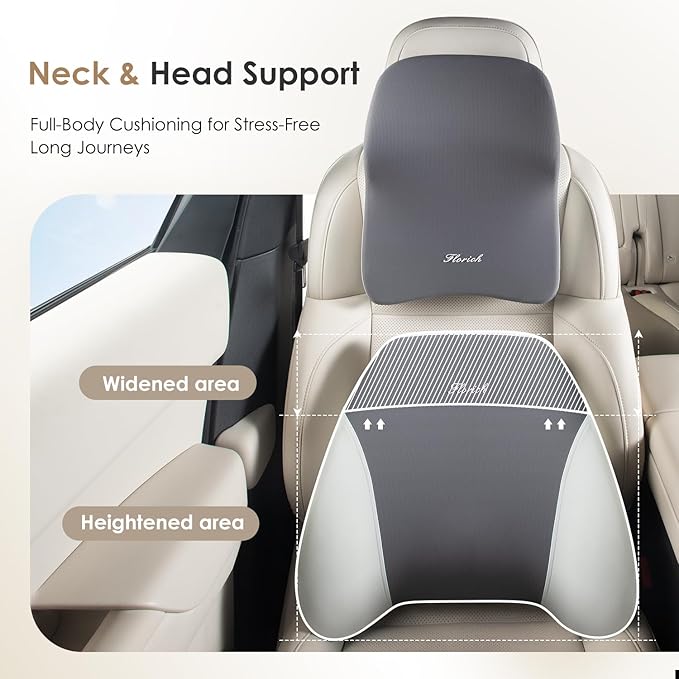 FLORICH Lumbar Support and Car Neck Pillow, Back Support and Headrest Pillow for Car Seat Driver, Memory Foam Back Neck Support Pillow and Car Seat Lumbar Support for Car Office Chair - Gray