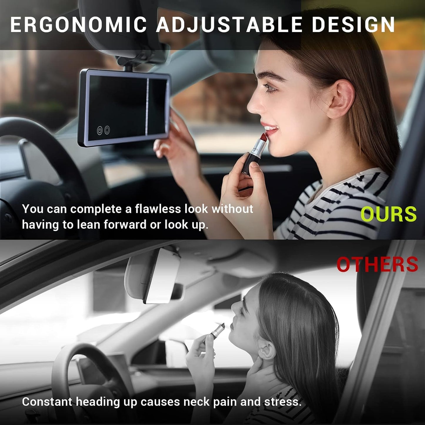 Car Sun Visor Vanity Mirror with Dimmable Led Light, Rechargeable 360° Adjustable Angle Rearview Big Makeup Mirror For Truck SUV, Rectangular, Black