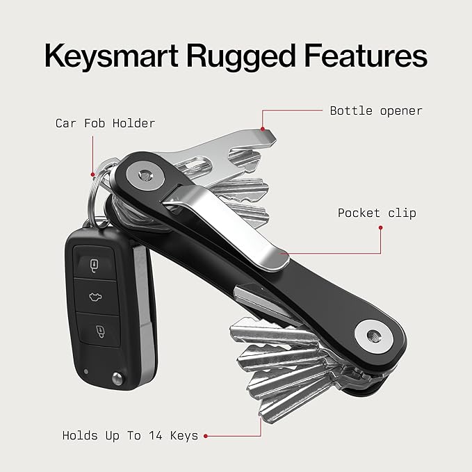 KeySmart Rugged - Multitool Key Holder for Keychain w/Bottle Opener and Pocket Clip, Organizer for Keys, EDC Keychains, Ring for Car Fobs Key Chains, Expandable (Up to 14 Keys, Black)
