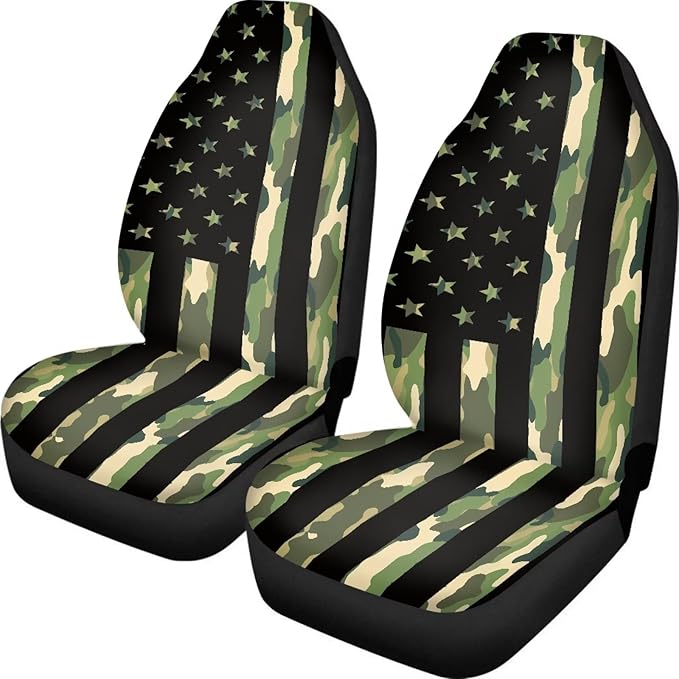 ELEQIN 2 Packs Car Front Seat Cover Car Seat Protector, Nonslip Cushion Cover for Cars, Trucks & SUVs Auto Interior Decor, Camo American Flag Print