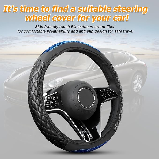 Car Steering Wheel Cover, 14.96" Leather Anti-Slip Vehicle Steering Wheel Protector with Fish Scale Graphic Grip, Automobile Interior Protection, Universal for Sedan Truck SUV (Blue)