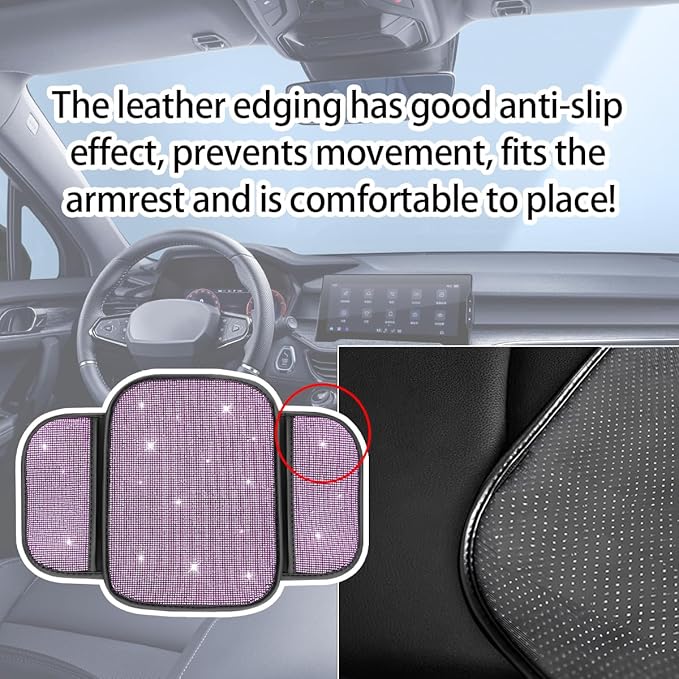 Bling Car Center Console Cover, Crystal Rhinestone Vehicle Armrest Cover Cushion with 2 Storage Bags for Women Girls, Diamond Auto Storage Box Protector Pad, Universal Fit (Pink)