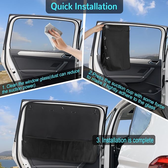 Car Sun Shade Side Window, 2 Pcs Blackout Car Window Shade for Baby Privacy with Storage Net Pockets Auto Curtains 7 Suction Cups for Heat/UV Protection Sun Block Covers
