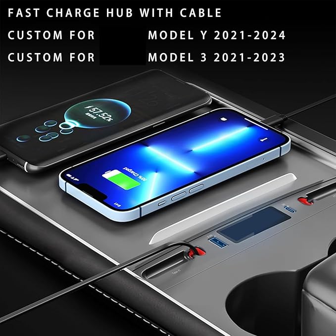 Customized for Tesla Model 3/Y USB Hub, Fast Charger for Tesla Model Y 3 Accessories 2024 2023 2022 2021 Retractable Cable,Multifunctional Tesla Center Console Accessories(Not fit Model 3 2024)
