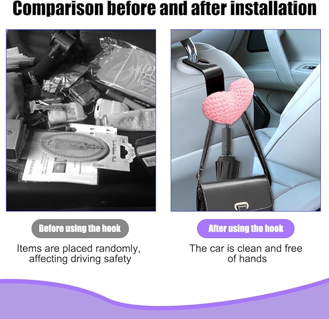 2PCS Car Headrest Hook, Cute Wool Heart Vehicle Seat Hangers for Umbrellas Grocery Bags, Automotive Interior Backseat Storage Organizer Hook, Universal for SUV, Sedan, Truck (Pink)