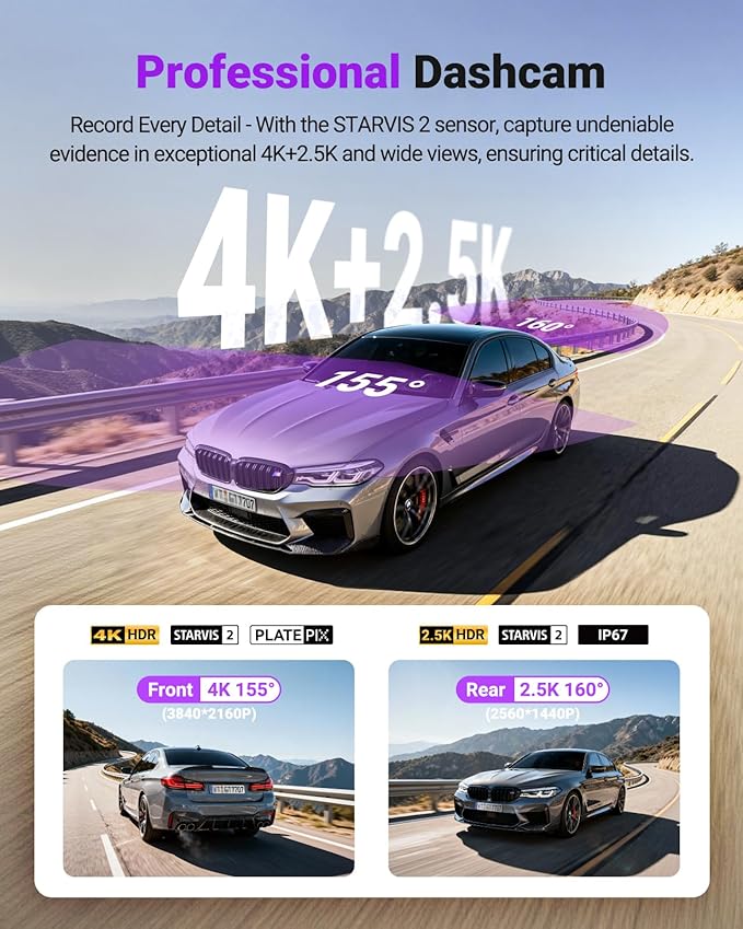 Vantrue S1 Pro Max AI Dash Cam 4K+2.5K w/ADAS & BSD, Dual STARVIS 2 Front and Rear, 2 Channel HDR Dashcam, PlatePix Night Vision, 5G WiFi, Voice Control, GPS, 24H Buffered Parking Mode, 1TB Max