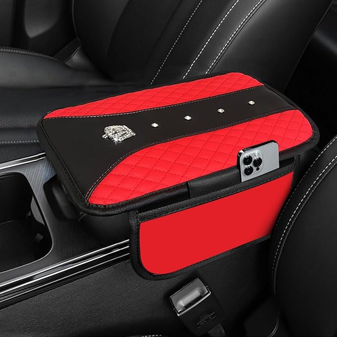 NBTEPEM Bling Crown Car Center Console Armrest Cover, Leather Middle Console Cover Cushion with 2 Storage Bags, Car Armrest Storage Box Interior Accessories for Most Vehicles(Red)