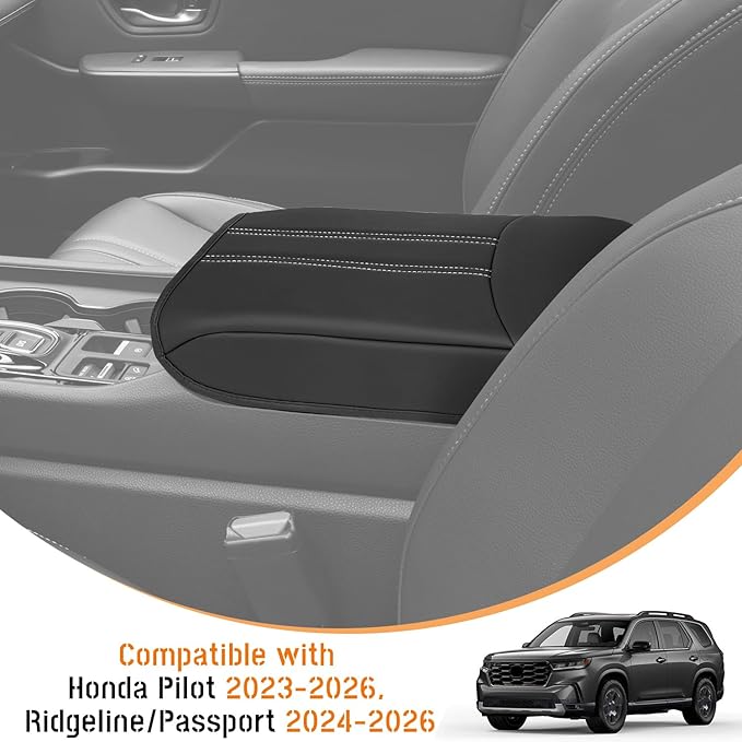 Center Console Armrest Cover Compatible with Honda Pilot 2023 2024 2025 2026, Ridgeline Passport 2024-2026, Armrest Pad Lid Cushion,Center Console Protector Pad (White Stitching)