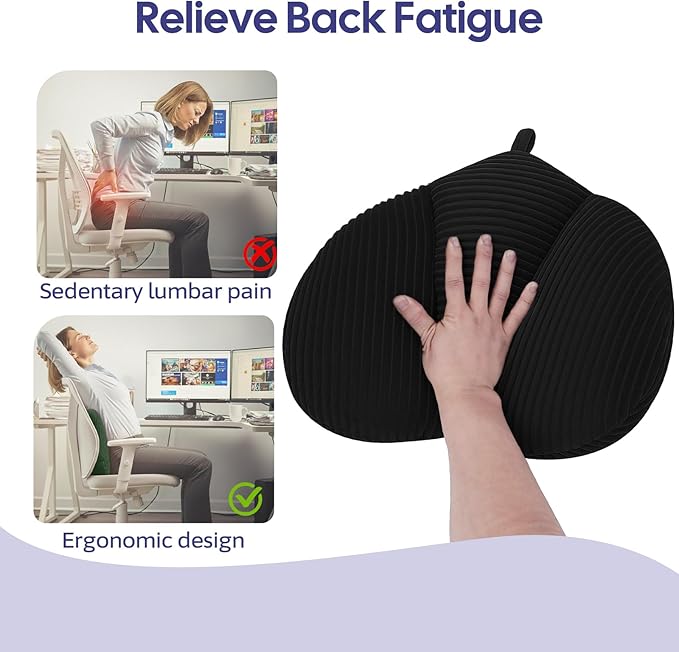 Lumbar Support Pillow for Recliner, Back Support Pillow for Office Chair, Back Cushion with Shredded Foam for Back Pain Relief & Reading, Lumbar Cushions for Couch, Sofa Seat, Car, Black