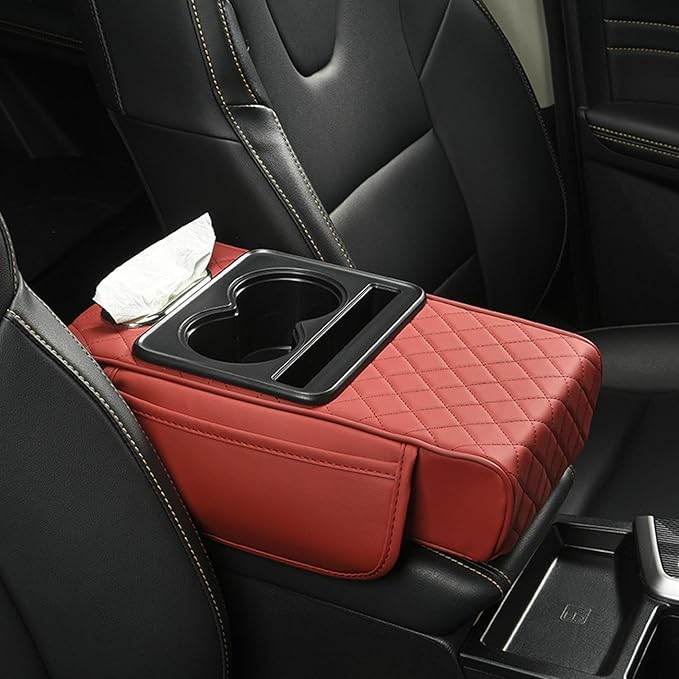 Car Armrest Cushion, 5-in-1 Center Console Cover with 2 Storage Bags Cup Holder, Cup Holder Tissue Slot Phone Slot for Car, Universal Car Armrest Box Cover Protection Pad for Most Vehicles (F)