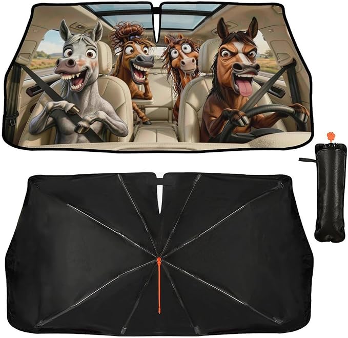 Funny Horse Car Windshield Sun Shade Umbrella Funny Horse Sunshades for Car Windshield Upgraded Sun Visor Protector for Sedan SUV Most Vehicles Printed Front Window Shades