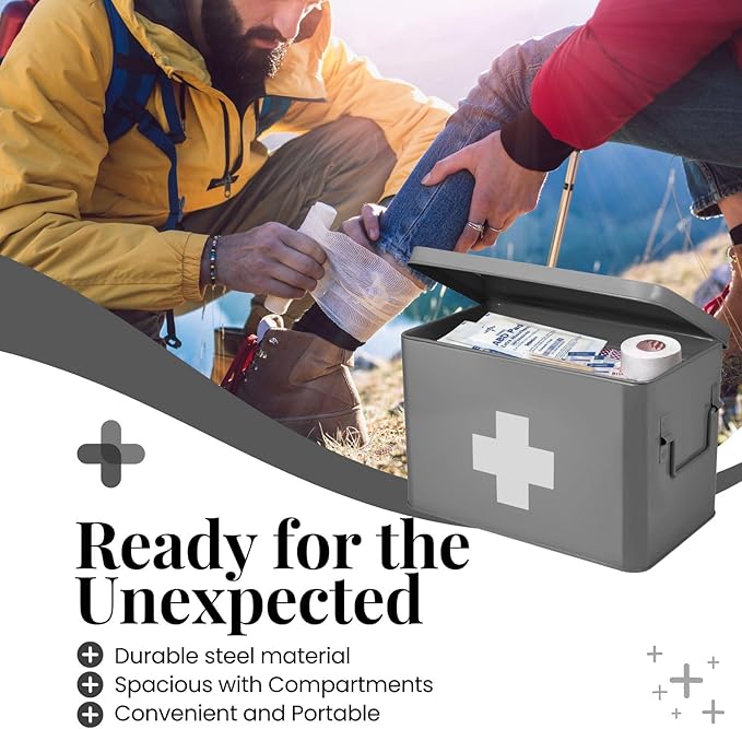 Flexzion Vintage First Aid Kit - 13" Gray Metal Box with Dividers, Removable Tray and White Cross Logo