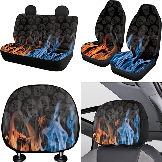 FKELYI Car Seat Covers with Skull Fire Design - Car Handbrake, Gear Shifter Knob & Steering Wheel Cover Set - Neoprene with Headrest Pads and Cup Coasters