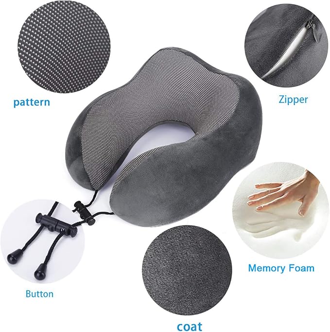 TALLGO Travel Pillow, Best Memory Foam Neck Pillow Head Support Soft Pillow for Sleeping Rest, Airplane Car & Home Use (Grey)