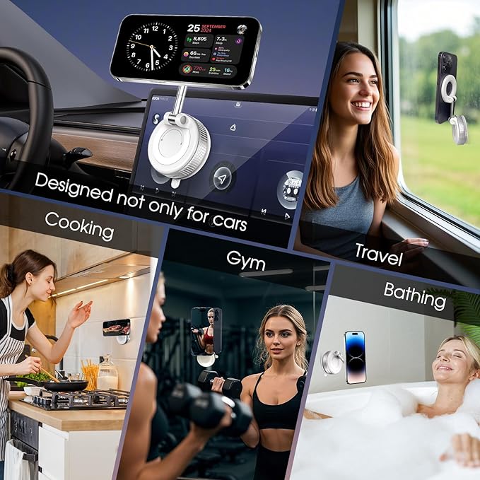 360° Rotatable Vacuum Magnetic Phone Holder, Foldable and Retractable Suction Cup Car Phone Mount for Car/Gym/Mirror/Smooth Surface, Compatible with iPhone Android and All Smartphones (White)