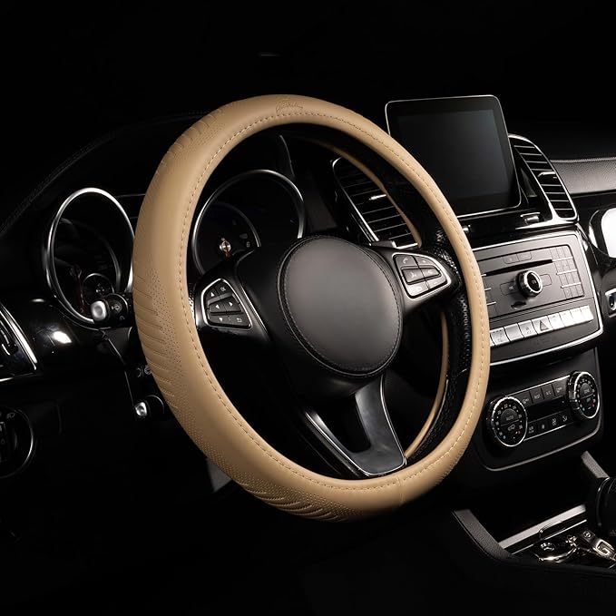 Lord Autofashion Steering Wheel Cover – PU Leather, Non-Slip Rubber Inner, All-Season Comfort – 14.5–15 Inch (Beige 9356)