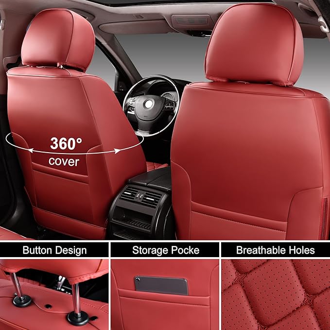 Auto Car Seat Covers Full Set Leather Cushion Protector Breathable Waterproof Seat Cover for Cars Universal Fit (Wine, Full Set Without Headrest)