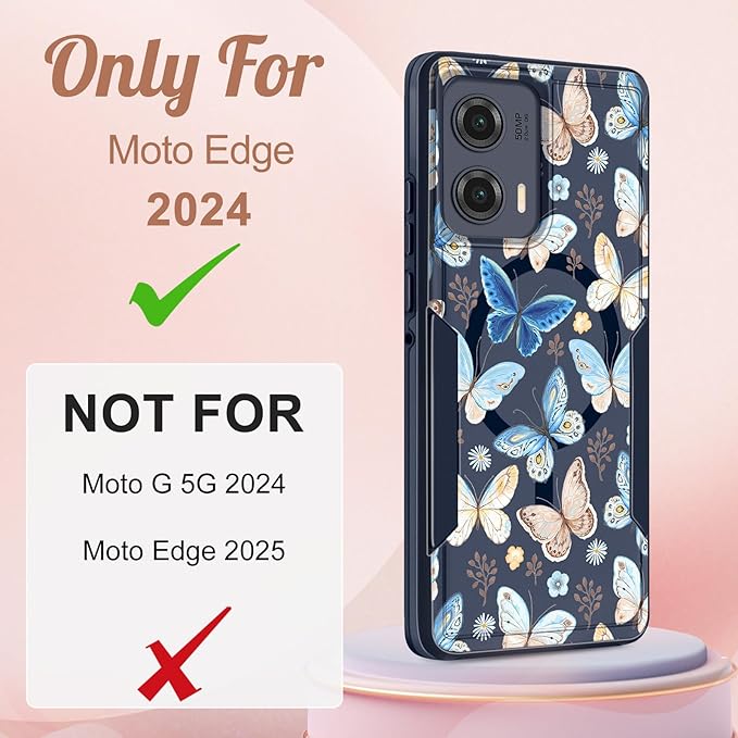 for Moto Edge 2024 Case - Compatible with MagSafe Women Girls Cute Magnetic Protective Phone Cover Kawaii Girly Blue Butterfly Heavy Duty Shockproof Design for Motorola Moto Edge 2024 Cases